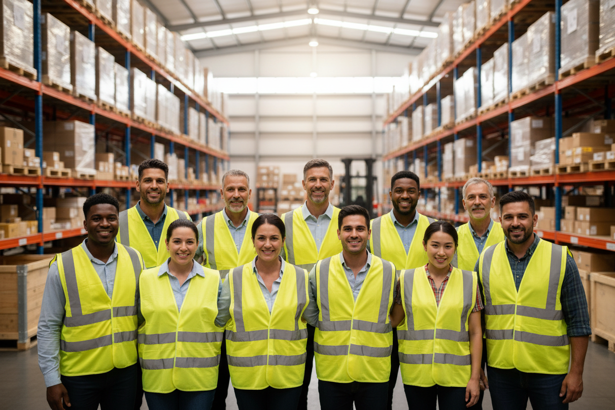 People on logistics smiling, yellow vest
